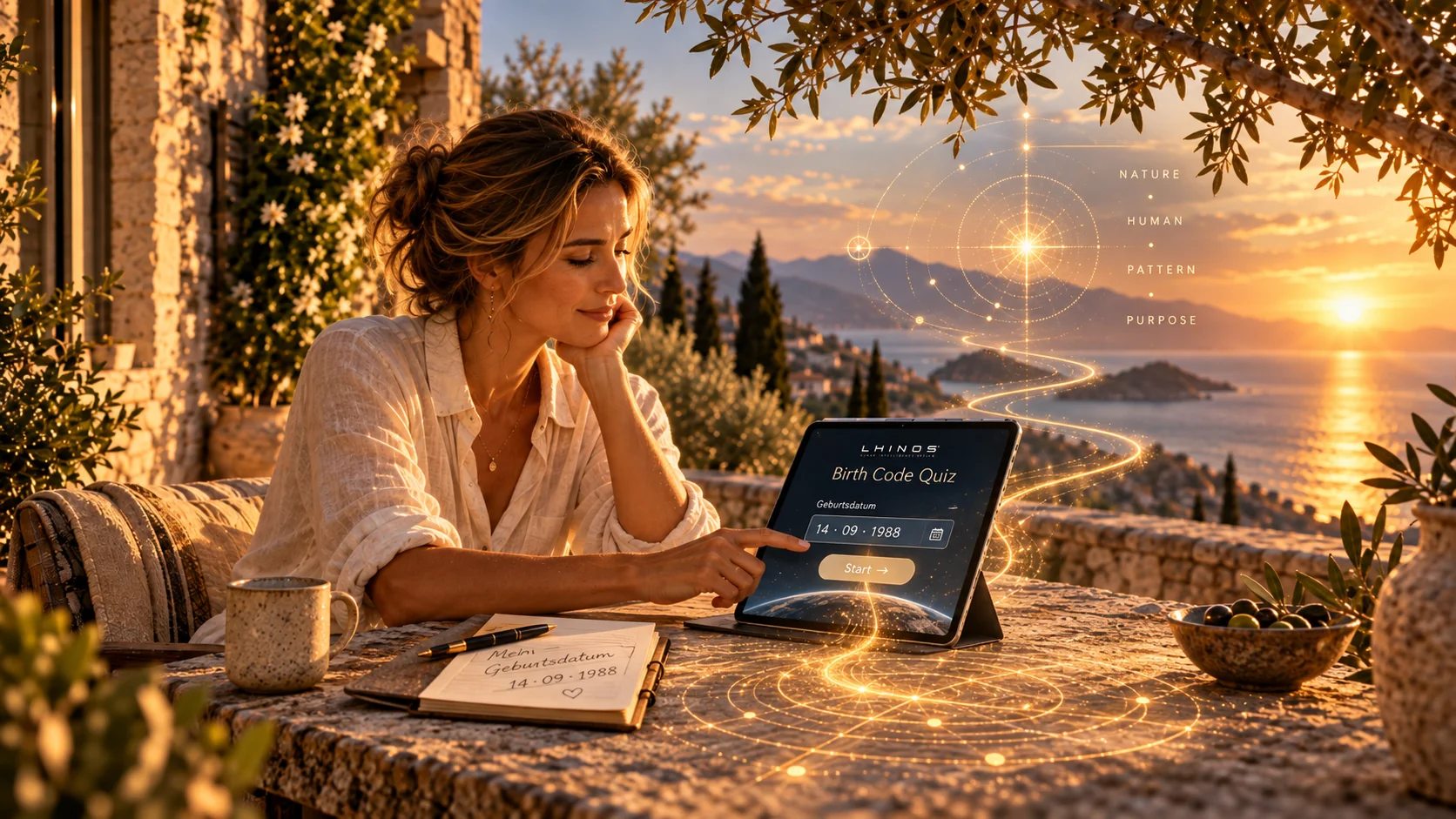 Mediterrane Küstenterrasse im goldenen Abendlicht mit Birth-Code-Motiv