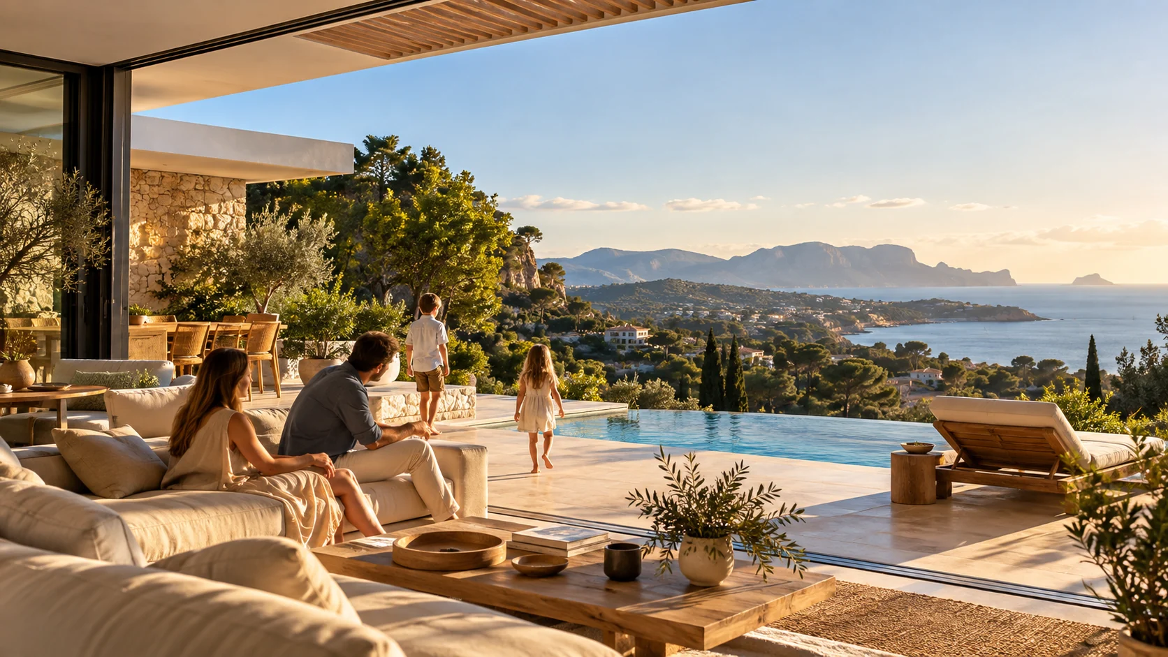 Villa mediterránea en Mallorca con luz cálida de atardecer, familia y vistas al mar